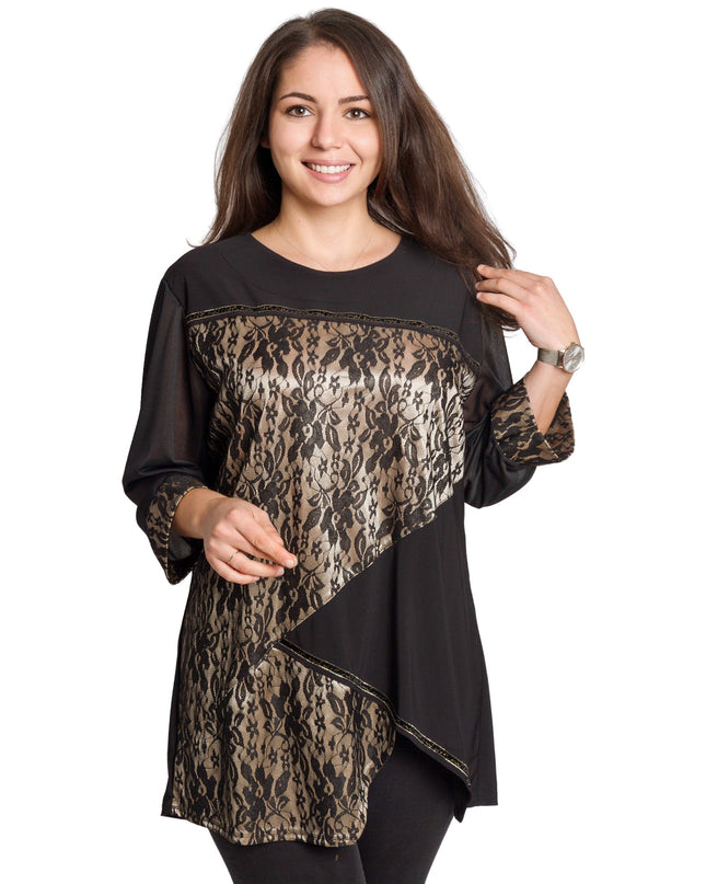 Κομψή μαύρη τουνίκ με τούλινα μανίκια & λουλούδι