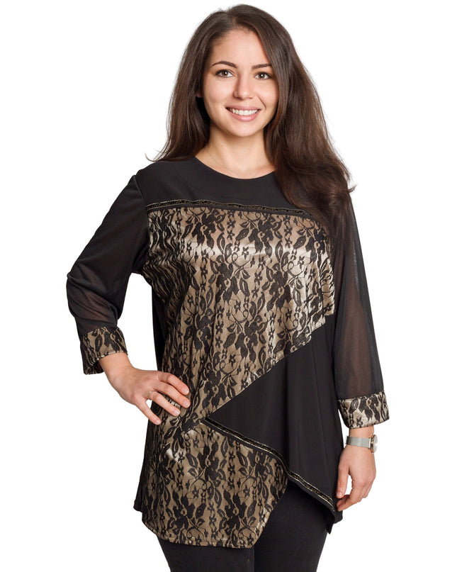 Κομψή μαύρη τουνίκ με τούλινα μανίκια & λουλούδι