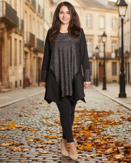 Κομψή γκρι τουνίκ με λάμψη και δερμάτινες λεπτομέρειες