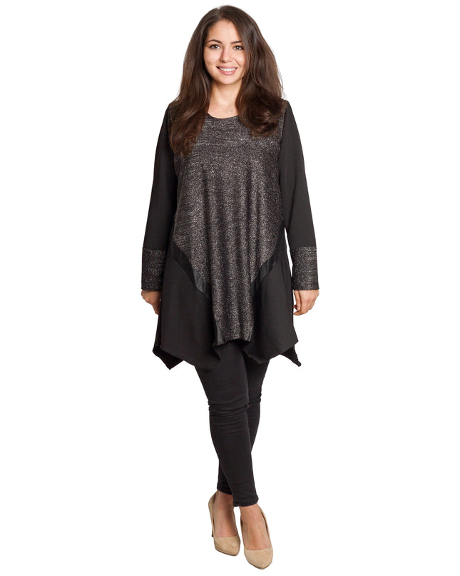 Κομψή γκρι τουνίκ με λάμψη και δερμάτινες λεπτομέρειες