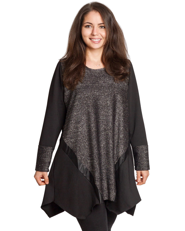 Κομψή γκρι τουνίκ με λάμψη και δερμάτινες λεπτομέρειες