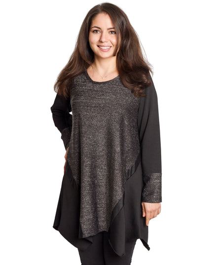 Κομψή γκρι τουνίκ με λάμψη και δερμάτινες λεπτομέρειες