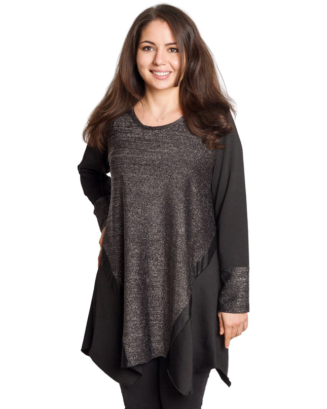 Κομψή γκρι τουνίκ με λάμψη και δερμάτινες λεπτομέρειες