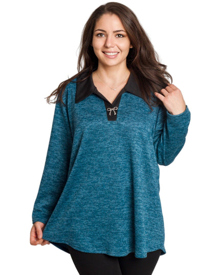 Πετρόλ τουνίκ με γιακά και V ντεκολτέ σε μεγάλα μεγέθη