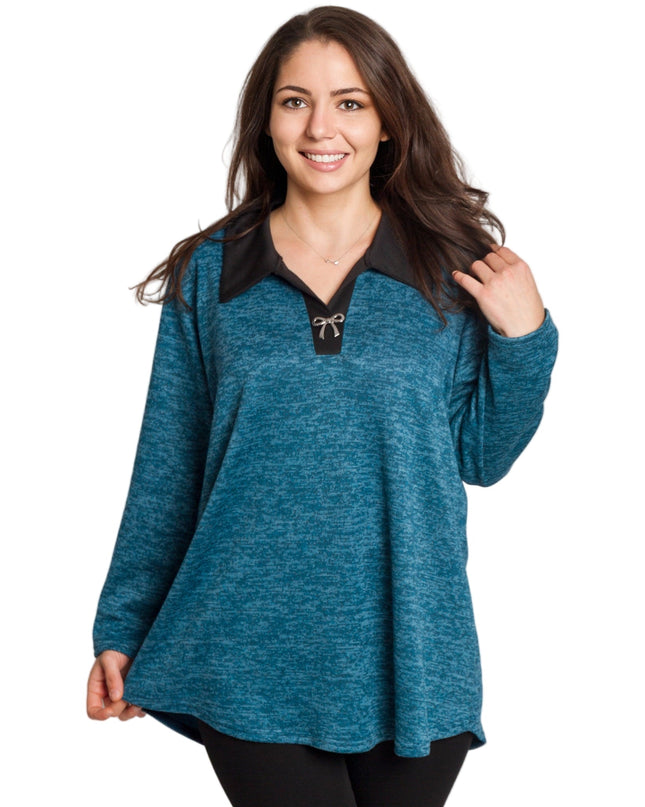 Πετρόλ τουνίκ με γιακά και V ντεκολτέ σε μεγάλα μεγέθη