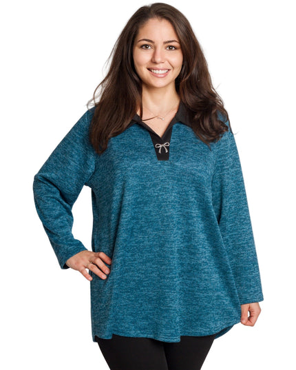 Πετρόλ τουνίκ με γιακά και V ντεκολτέ σε μεγάλα μεγέθη