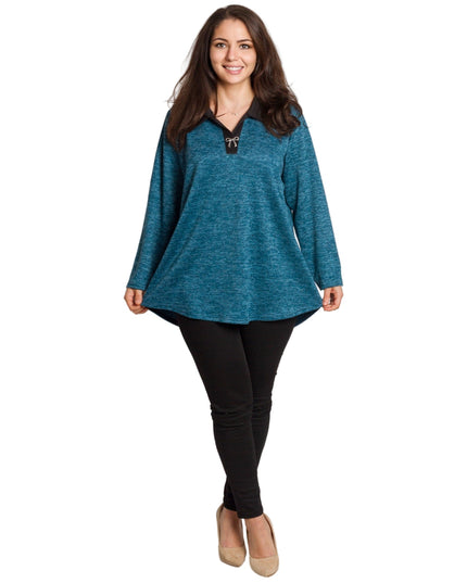 Πετρόλ τουνίκ με γιακά και V ντεκολτέ σε μεγάλα μεγέθη