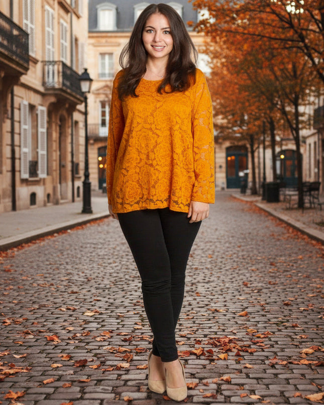 Επίσημη πορτοκαλί μπλούζα με δαντελένια μανίκια