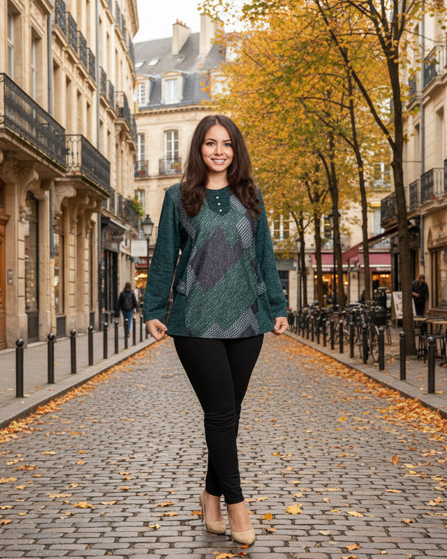 Πράσινη τουνίκ με γεωμετρικό σχέδιο & κουμπιά