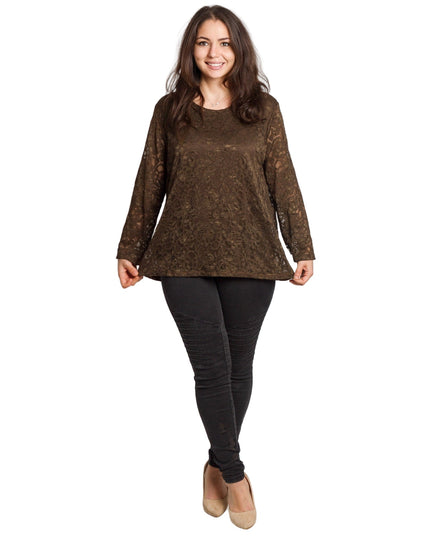 Καφέ επίσημη μπλούζα με δαντέλα σε μεγάλα μεγέθη