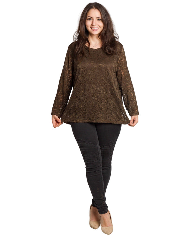 Καφέ επίσημη μπλούζα με δαντέλα σε μεγάλα μεγέθη