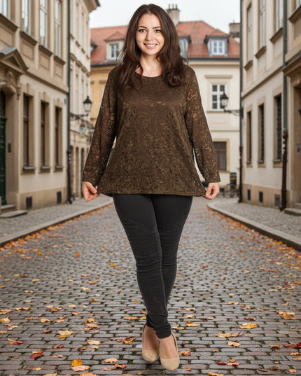 Καφέ επίσημη μπλούζα με δαντέλα σε μεγάλα μεγέθη