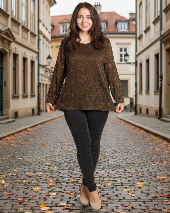 Καφέ επίσημη μπλούζα με δαντέλα σε μεγάλα μεγέθη