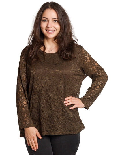 Καφέ επίσημη μπλούζα με δαντέλα σε μεγάλα μεγέθη