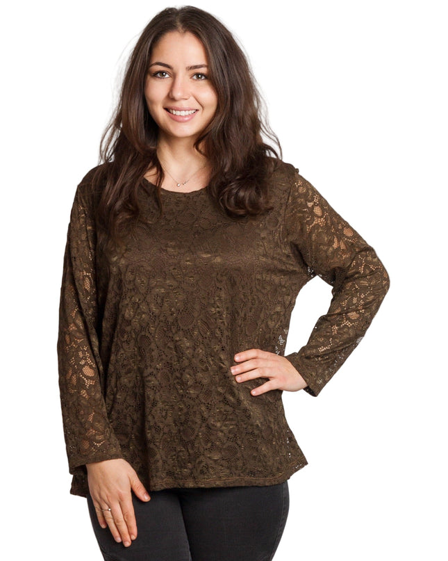 Καφέ επίσημη μπλούζα με δαντέλα σε μεγάλα μεγέθη