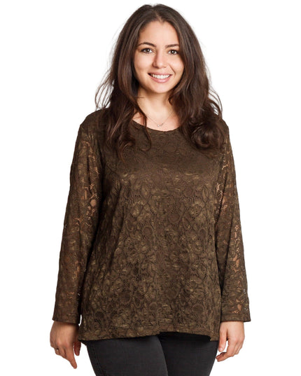 Καφέ επίσημη μπλούζα με δαντέλα σε μεγάλα μεγέθη