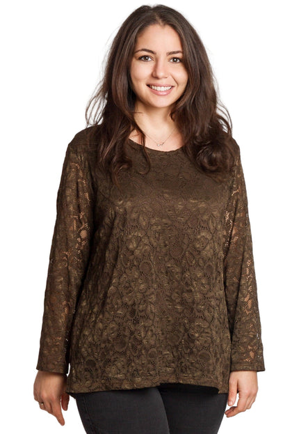 Καφέ επίσημη μπλούζα με δαντέλα σε μεγάλα μεγέθη