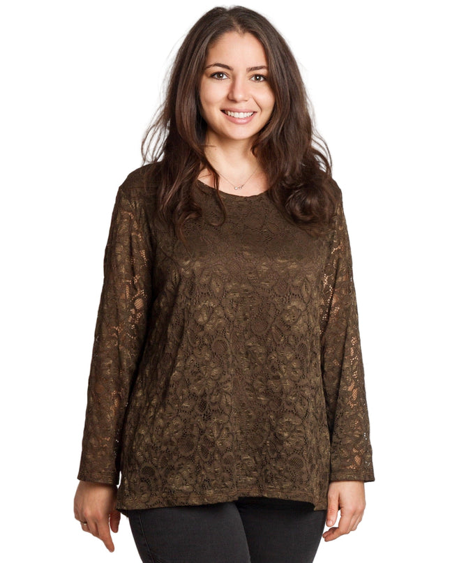 Καφέ επίσημη μπλούζα με δαντέλα σε μεγάλα μεγέθη