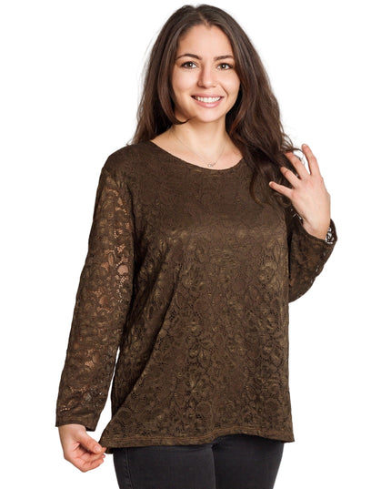 Καφέ επίσημη μπλούζα με δαντέλα σε μεγάλα μεγέθη