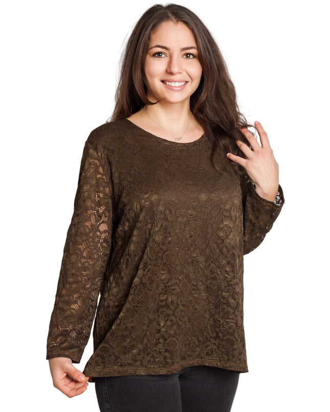 Καφέ επίσημη μπλούζα με δαντέλα σε μεγάλα μεγέθη