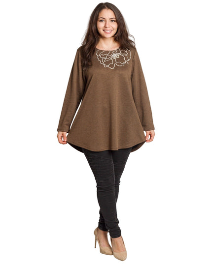 Καφέ άνετη τουνίκ με φλοράλ κέντημα και πέρλες