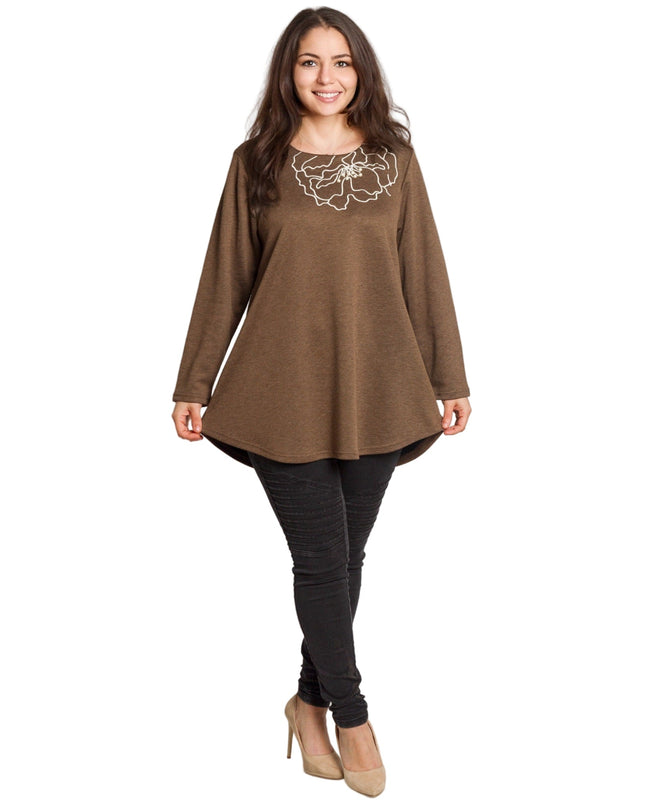 Καφέ άνετη τουνίκ με φλοράλ κέντημα και πέρλες