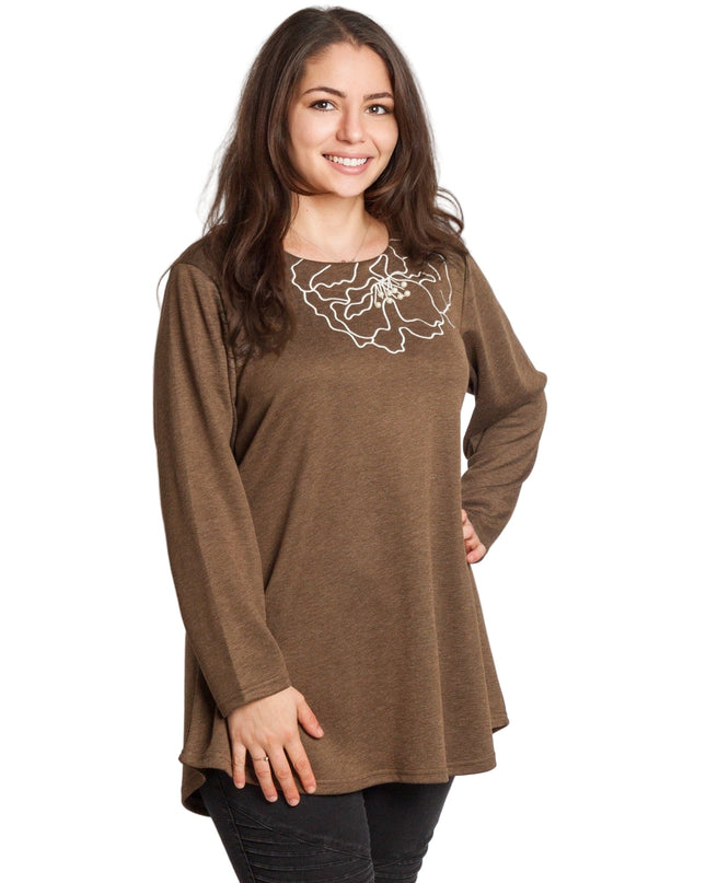Καφέ άνετη τουνίκ με φλοράλ κέντημα και πέρλες