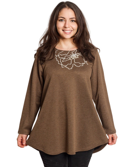 Καφέ άνετη τουνίκ με φλοράλ κέντημα και πέρλες
