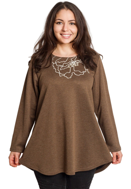 Καφέ άνετη τουνίκ με φλοράλ κέντημα και πέρλες