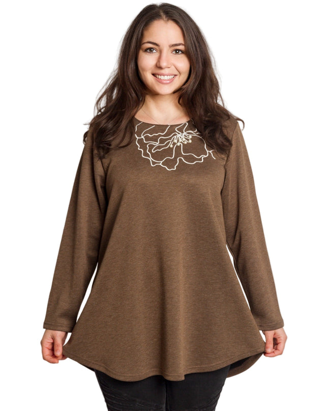 Καφέ άνετη τουνίκ με φλοράλ κέντημα και πέρλες