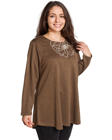Καφέ άνετη τουνίκ με φλοράλ κέντημα και πέρλες