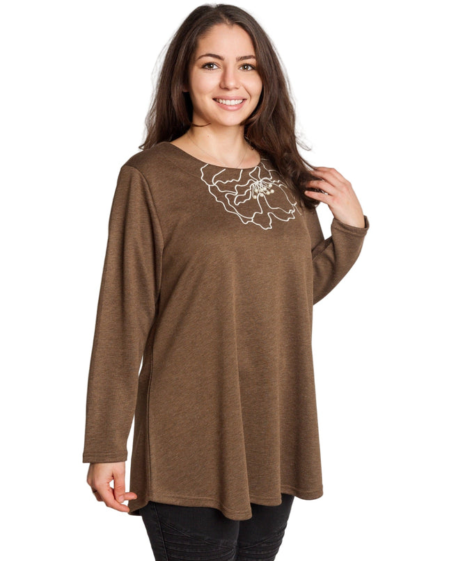 Καφέ άνετη τουνίκ με φλοράλ κέντημα και πέρλες