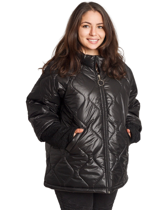 Μαύρο γυναικείο μπουφάν με ίσια γραμμή και φερμουάρ