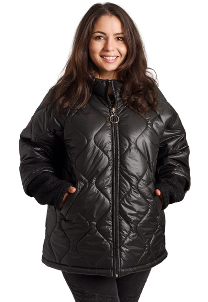 Μαύρο γυναικείο μπουφάν με ίσια γραμμή και φερμουάρ