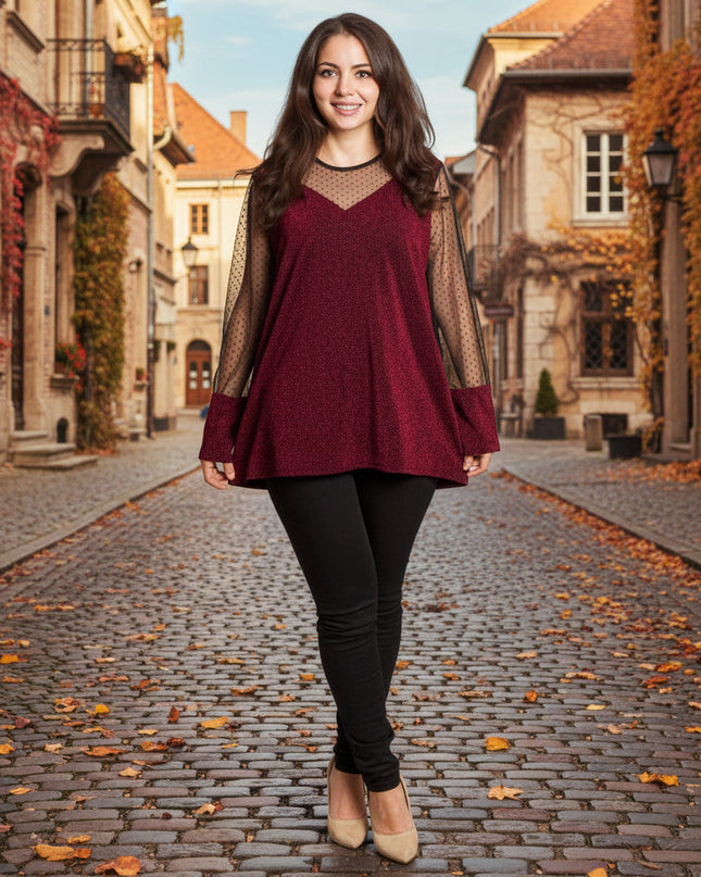 Μπορντό τουνίκ με τούλι πουά για μεγάλα μεγέθη