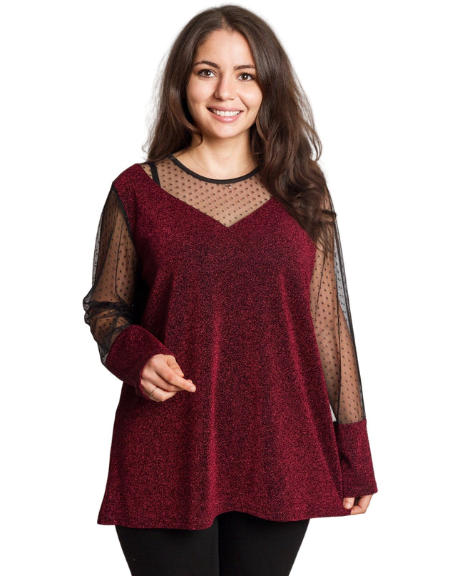 Μπορντό τουνίκ με τούλι πουά για μεγάλα μεγέθη