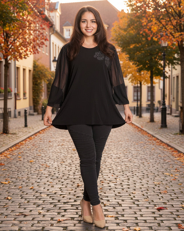 Μαύρη τουνίκ με τούλινη μανίκια και λαμπερή λεπτομέρεια