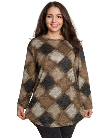 Γυναικεία τουνίκ σε καφέ καρό με ίσια γραμμή