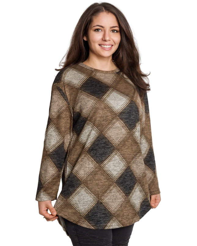 Γυναικεία τουνίκ σε καφέ καρό με ίσια γραμμή