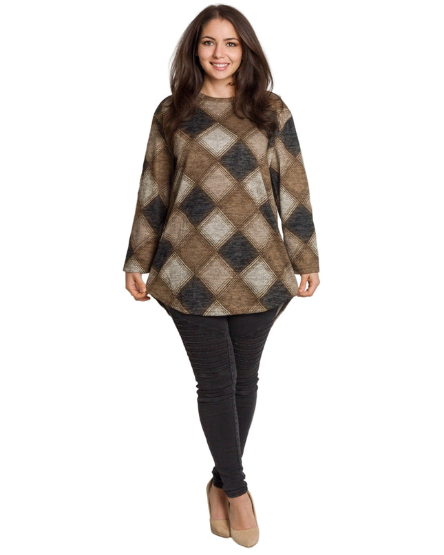 Γυναικεία τουνίκ σε καφέ καρό με ίσια γραμμή
