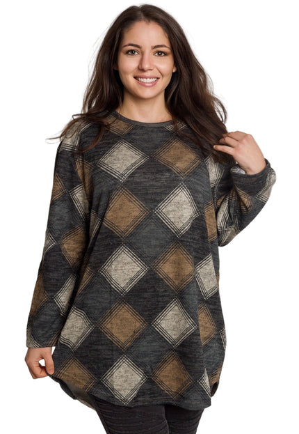 Ίσια τουνίκ με διαμαντέ μοτίβο σε γκρι-καφέ τόνους