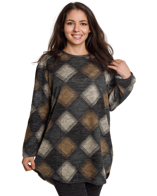 Ίσια τουνίκ με διαμαντέ μοτίβο σε γκρι-καφέ τόνους