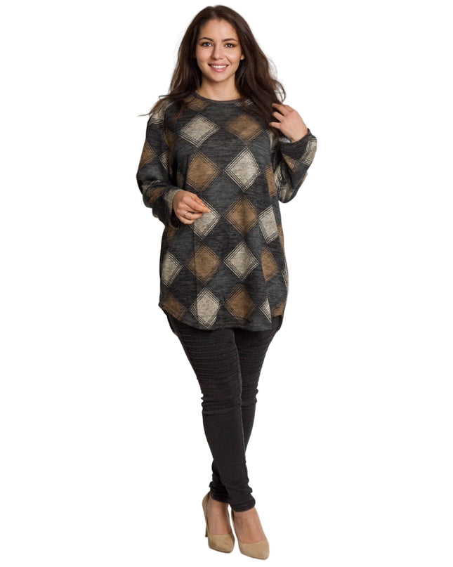 Ίσια τουνίκ με διαμαντέ μοτίβο σε γκρι-καφέ τόνους
