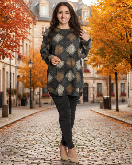 Ίσια τουνίκ με διαμαντέ μοτίβο σε γκρι-καφέ τόνους