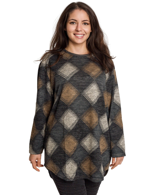 Ίσια τουνίκ με διαμαντέ μοτίβο σε γκρι-καφέ τόνους