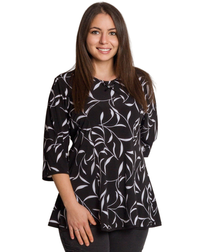 Μαύρη φαρδιά τουνίκ με λευκά λουλούδια και 3/4 μανίκια