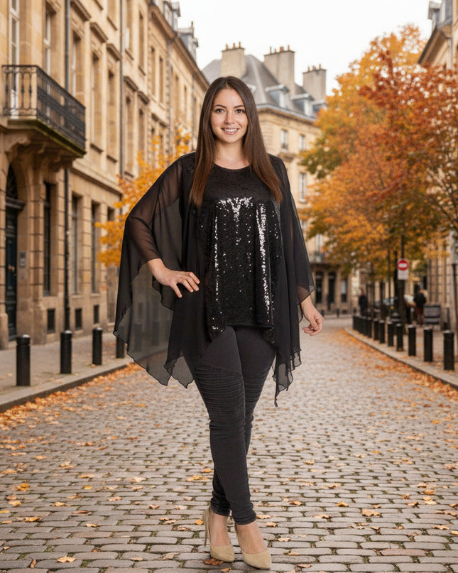 Επίσημη μαύρη τουνίκ με παγιέτες και σιφόν