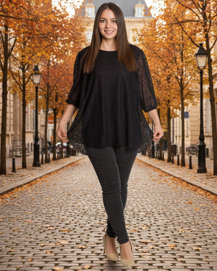 Επίσημη μαύρη δαντελένια τουνίκ με φαρδιά γραμμή