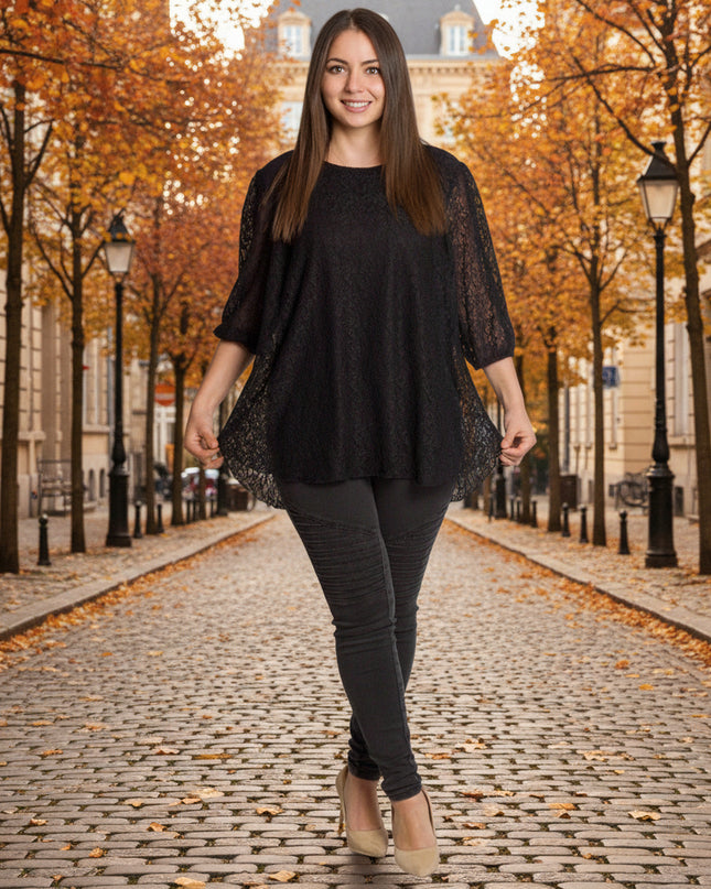 Επίσημη μαύρη δαντελένια τουνίκ με φαρδιά γραμμή