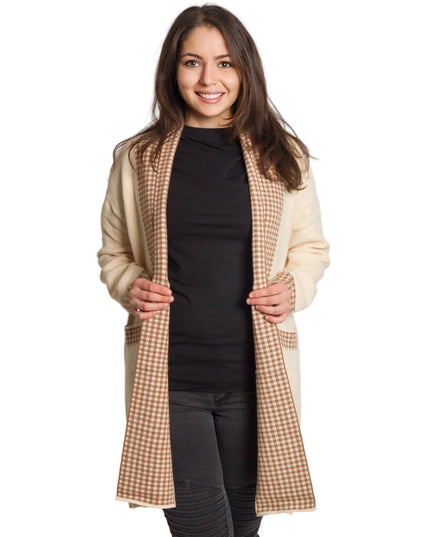 Μπεζ ζακέτα χωρίς κουμπιά με τσέπες και καρό λεπτομέρειες